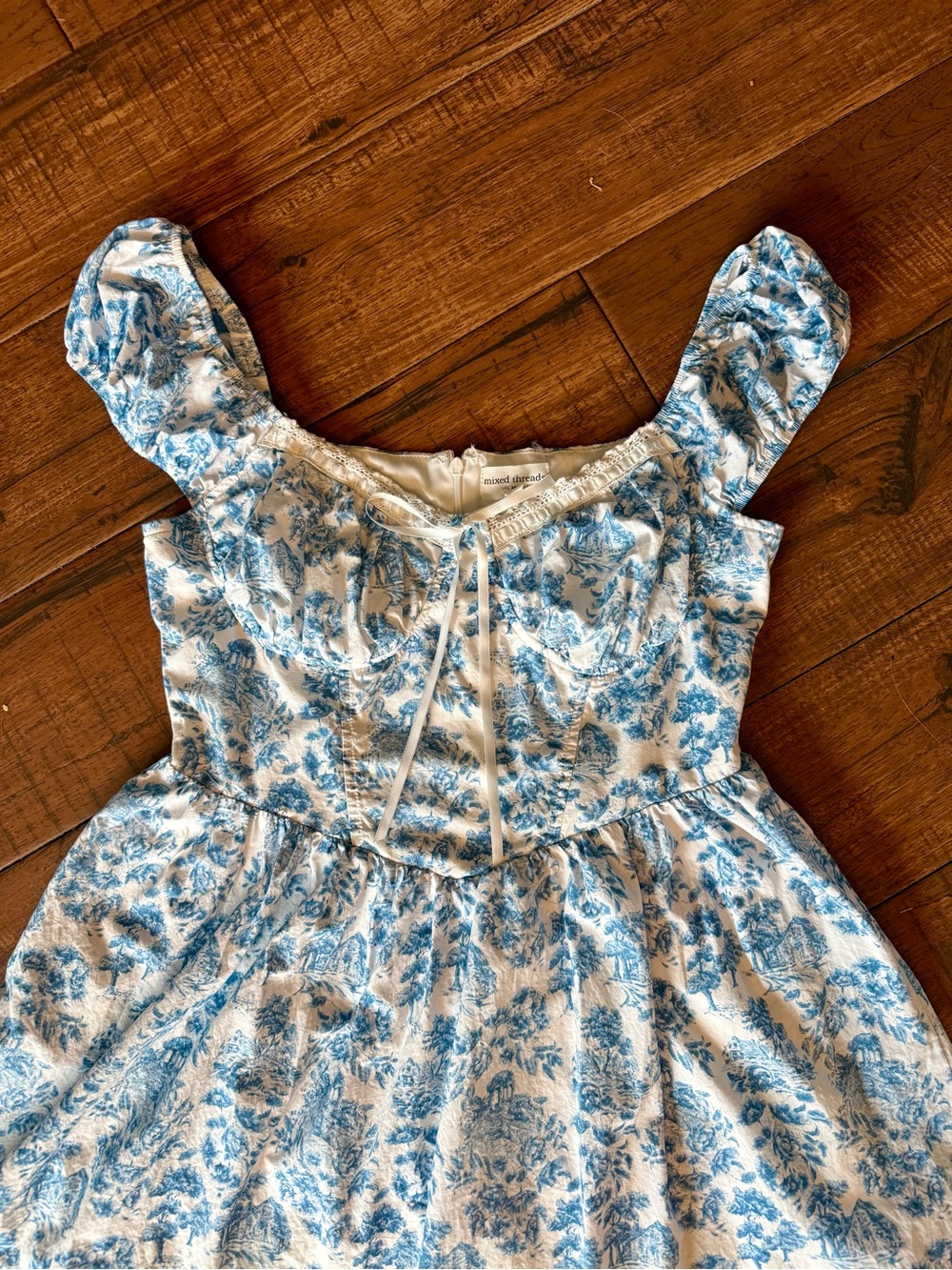 Blue Floral Mini Dress with Puff Sleeves